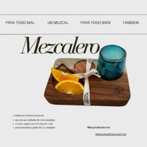 Set mezcalero individual | base de madera + vaso soplado cobalto